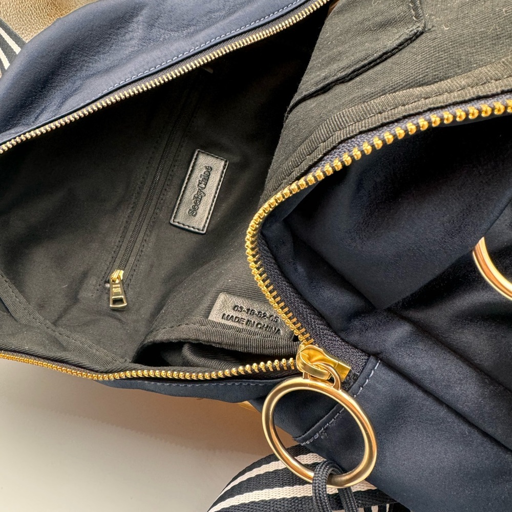 🆕 SEE BY CHLOE 🧿 NWT Cactus and Logo-Embroidered Satin Backpack in Navy - Picture 8 of 15